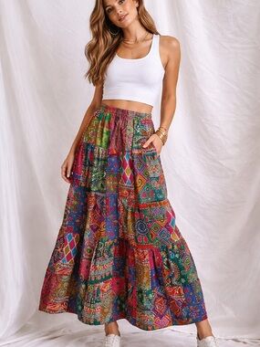 Boho Patchwork Maxi Skirt | Colorful Tiered Festival Bohemian Skirt